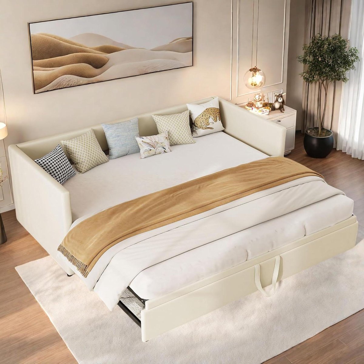 Slaapbank Gestoffeerd - Uittrekbaar Bed - Gastvrij Ontvangen - Ruimtebesparend Ontwerp - 90/180 x 200 cm - Beige