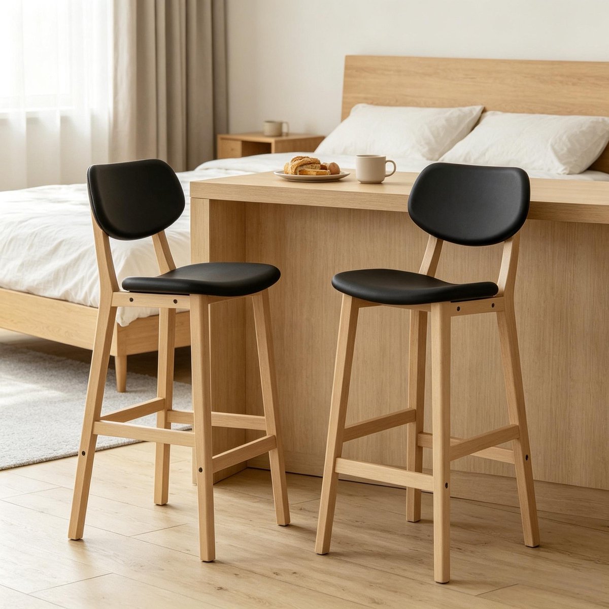 MEUNIQ barkruk set van 2 met rugleuning en gewatteerde zitting, kunstleer en houten frame, totale hoogte 91,5 cm, zwart, voor keuken en bar