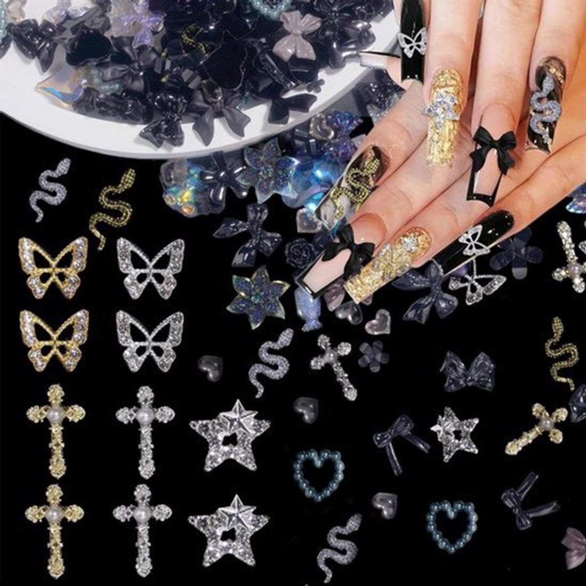100 stuks kruisslinder planeet ster 3D zwarte bloem strik decoratie nagels hart verschillende kunst