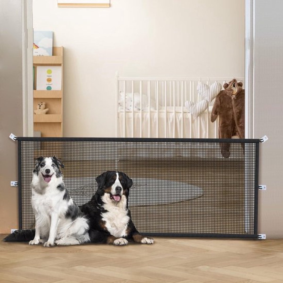 stuk huisdierluik voor binnen, geschikt voor trappen: hondenluik met gaas, geschikt voor keukens, deuropeningen, gangen, trappen, veranda's, tuinen, enz., voor veiligheid en bescherming, 180 cm * 76 cm (zwart).