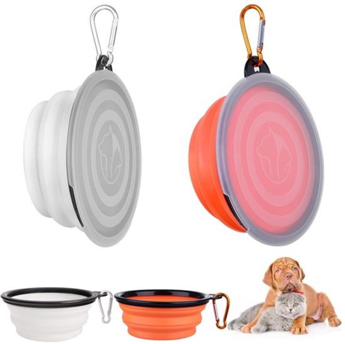 2 Vouwbare Hond- en Kattenbakken - Silicone - 350ml - Wit en Oranje met Deksel en Karabijnhaak