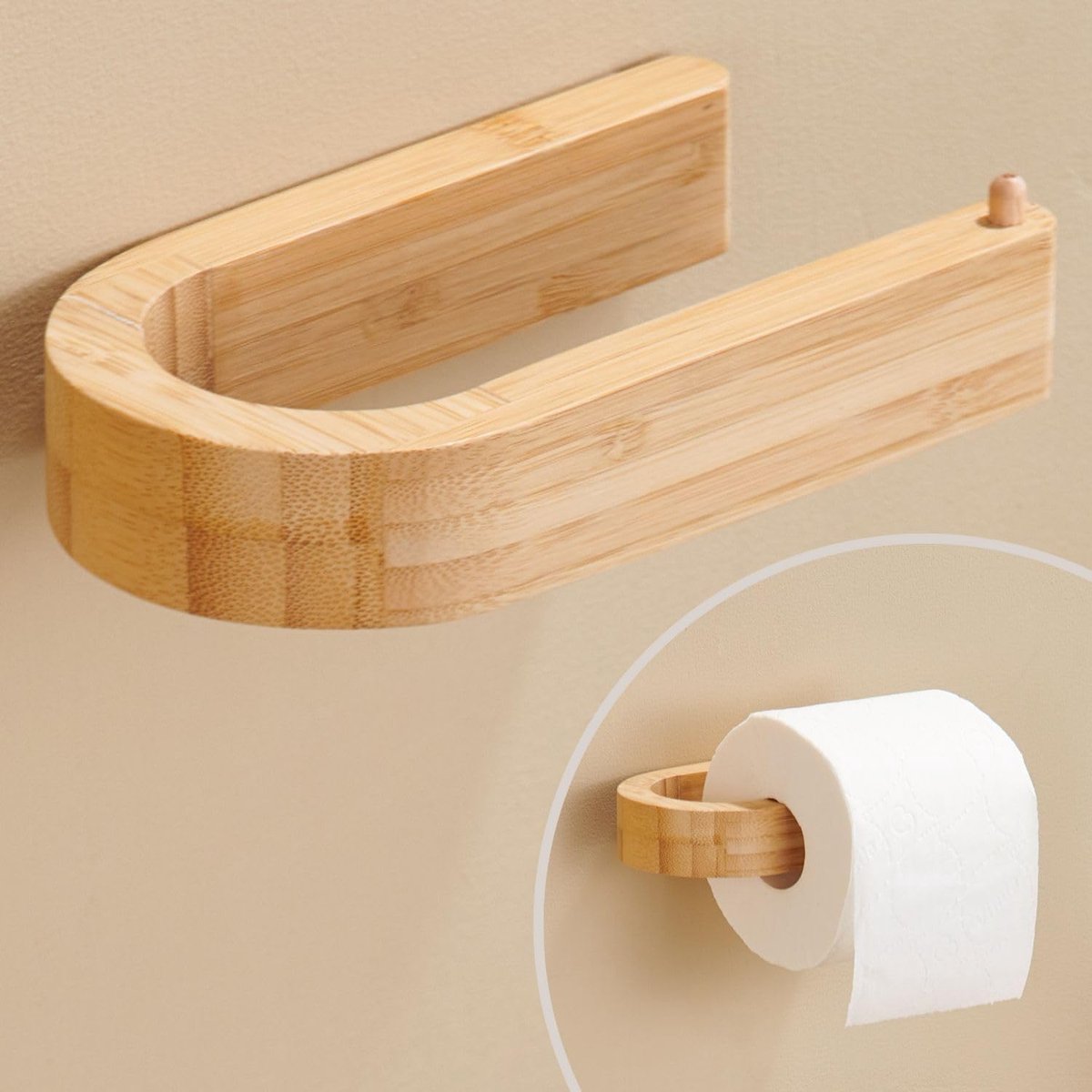 Thijox - Bamboe Toiletrolhouder Zonder Boren | Zelfklevende WC Rolhouder Wand | Toiletpapierhouder Hout | Adhesieve Dispenser Badkamer Accessoires