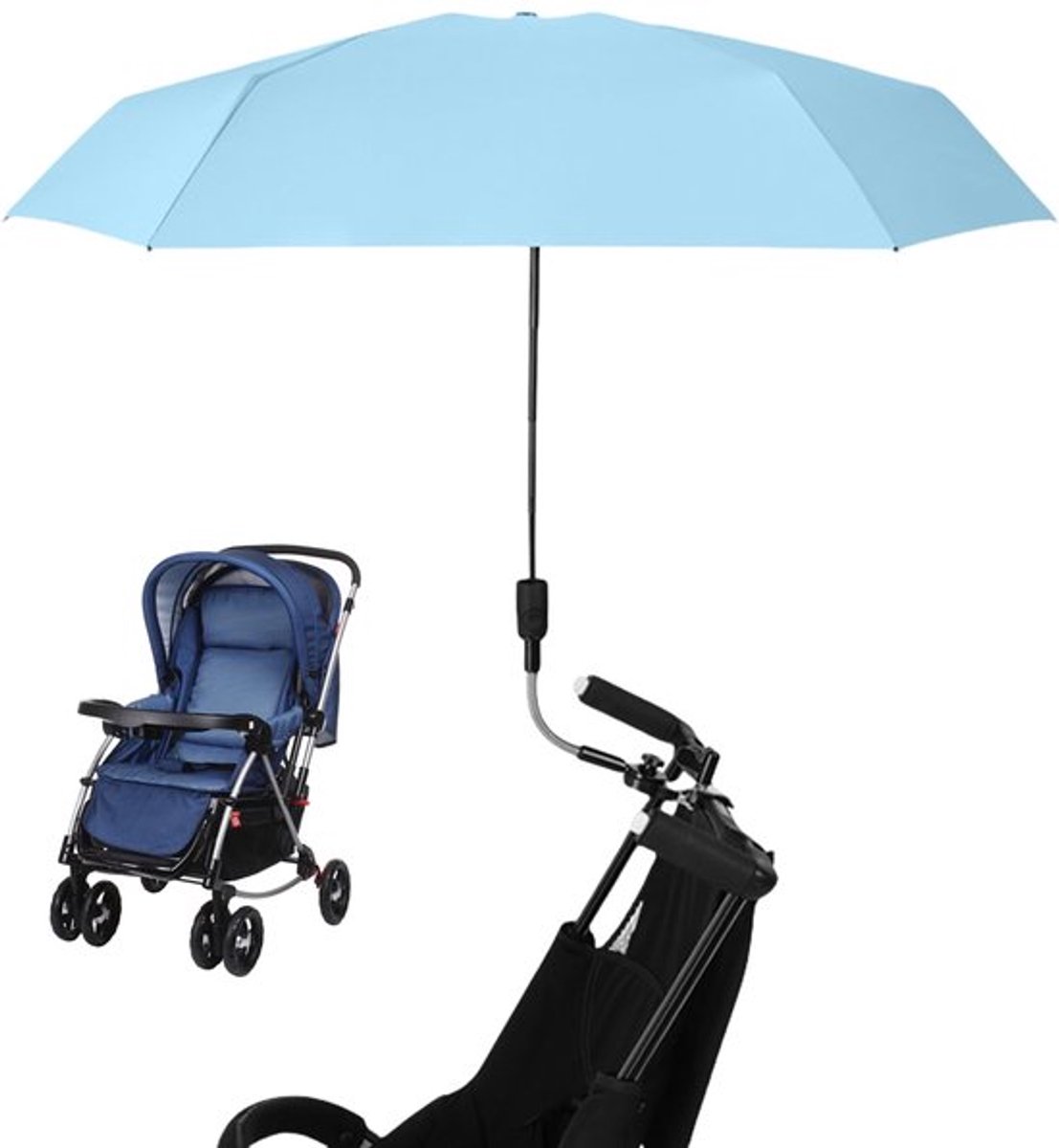 UV-bescherming 50+ Universele parasol voor kinderwagen, verstelbare zonnekap voor ronde en ovale buizen, diameter 90 cm, blauw