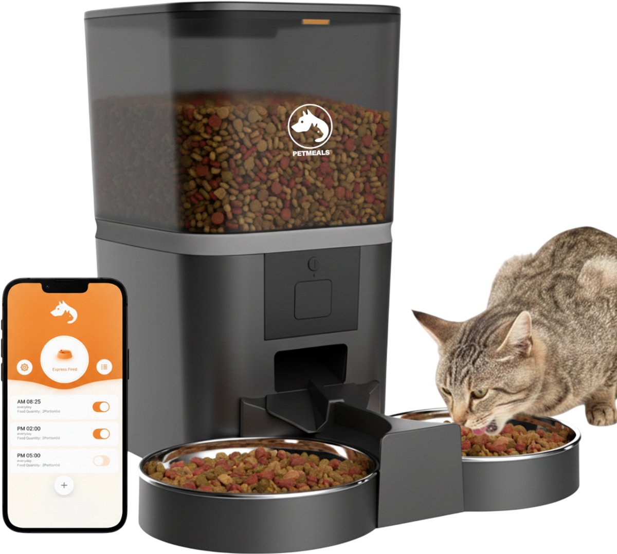 Bol.com PetMeals® Automatische Voerbak Kat en Hond - Twee Voerbakken - met App - 6 L - Zwart aanbieding