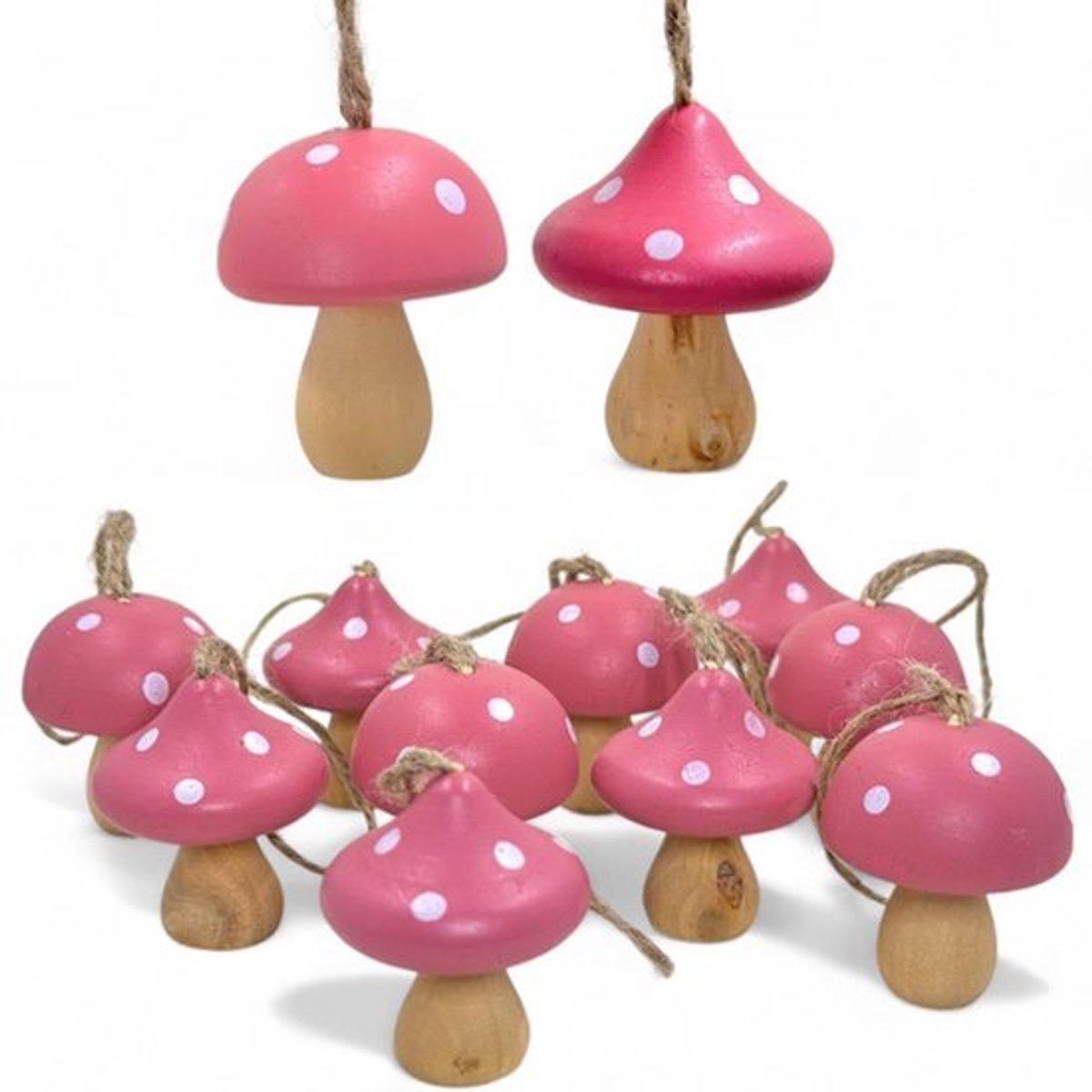 Set van 10 Kerstboom Hangers - Houten Vliegenzwam - 4 x 5 cm - Vintage Decoratie in Rood, Grijs en Roze