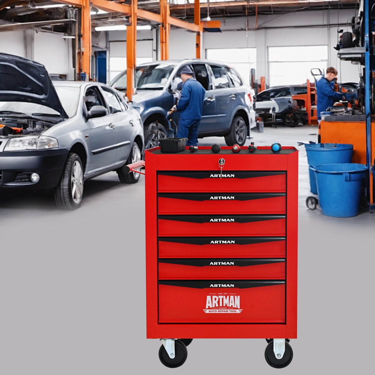 DESMIU Gereedschapskar – 6 Lades Met Wielen – 60 x 33 x 77,5 cm – Staal – Rood en Zwart – Afsluitbare Gereedschapsopslag – Met Zijhandgreep