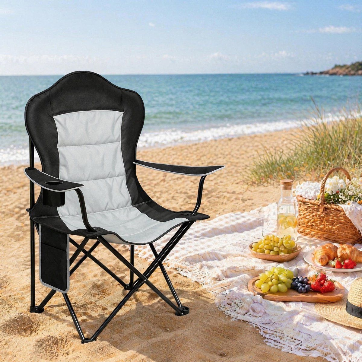 FloraGrace Strandstoel 84 x 110 x 62 cm - Opvouwbaar Met Bekerhouder En Zijvak - Voor Strand Camping En Picknick - 600D Oxford Stof En IJzer - Zwart Lichtgrijs