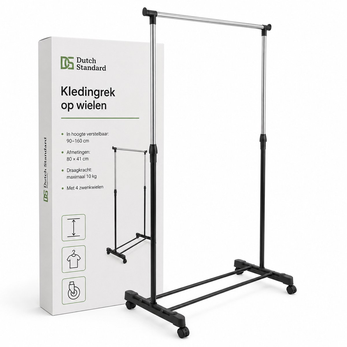Kledingrek op Wielen – Hoogte Verstelbaar 90–160 cm – Verrijdbaar Kledingrek – 80 × 41 cm – Zwart/Zilver