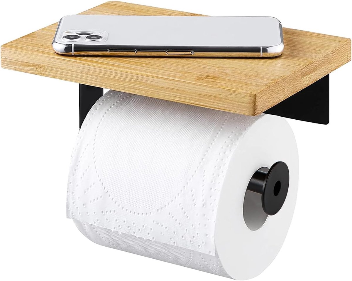 SnelShoppen - Toiletpapierhouder met Platform, Zelfklevende Rollhouder zonder Boren, Wandmontage, Houten Plank en RVS Papierhouder voor Badkamer en Ke