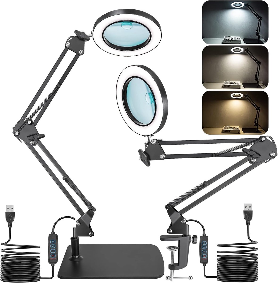SnelShoppen - 2-in-1 Vergrootglas met Licht en Standaard, 15x en 10x LED Vergrootlamp met Klem en Basis, Dimbare Bureaulamp met 3 Kleurmodi voor Hobby