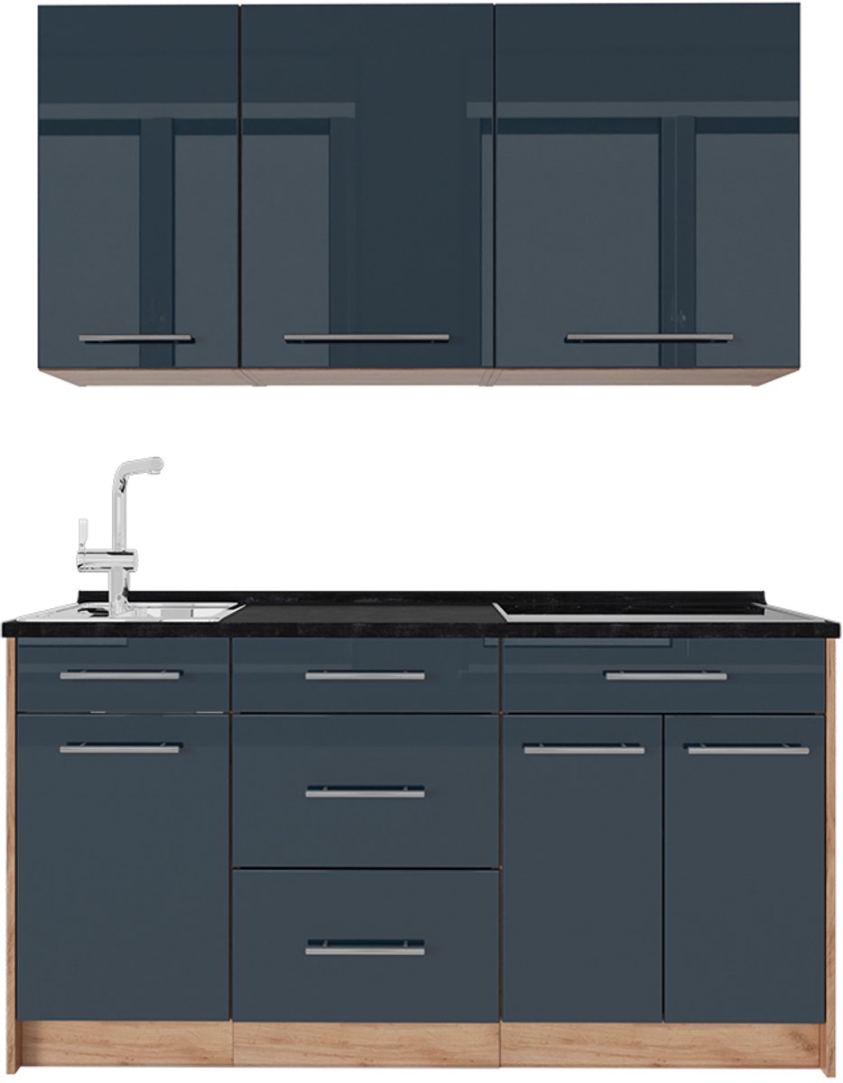 Vicco Eenpersoonskeuken Fame-Line, Donkerblauw hoogglans/Goudkleurig Eiken, 150 cm zonder werkblad