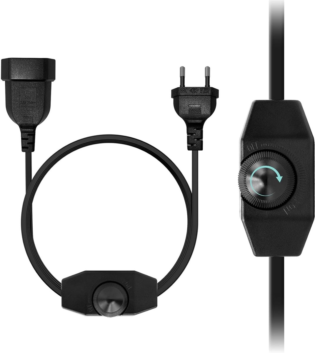 SnelShoppen - LED Dimmer met Schakelaar en 2m Kabel, Dimbare Rotatie Dimmer voor LED Lampen, 230V EU Stekker, Zwart, Ideaal voor Thuis, Tuin en Feeste