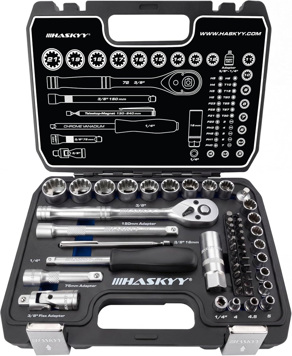 SnelShoppen - 52-delige Multi-Tooth TORX Gear Lock Spanner Set - 12-Bus Hexagon, 1/4 & 3/8 Inch, 4-19mm, voor Professioneel Gebruik, Perfect voor Klus
