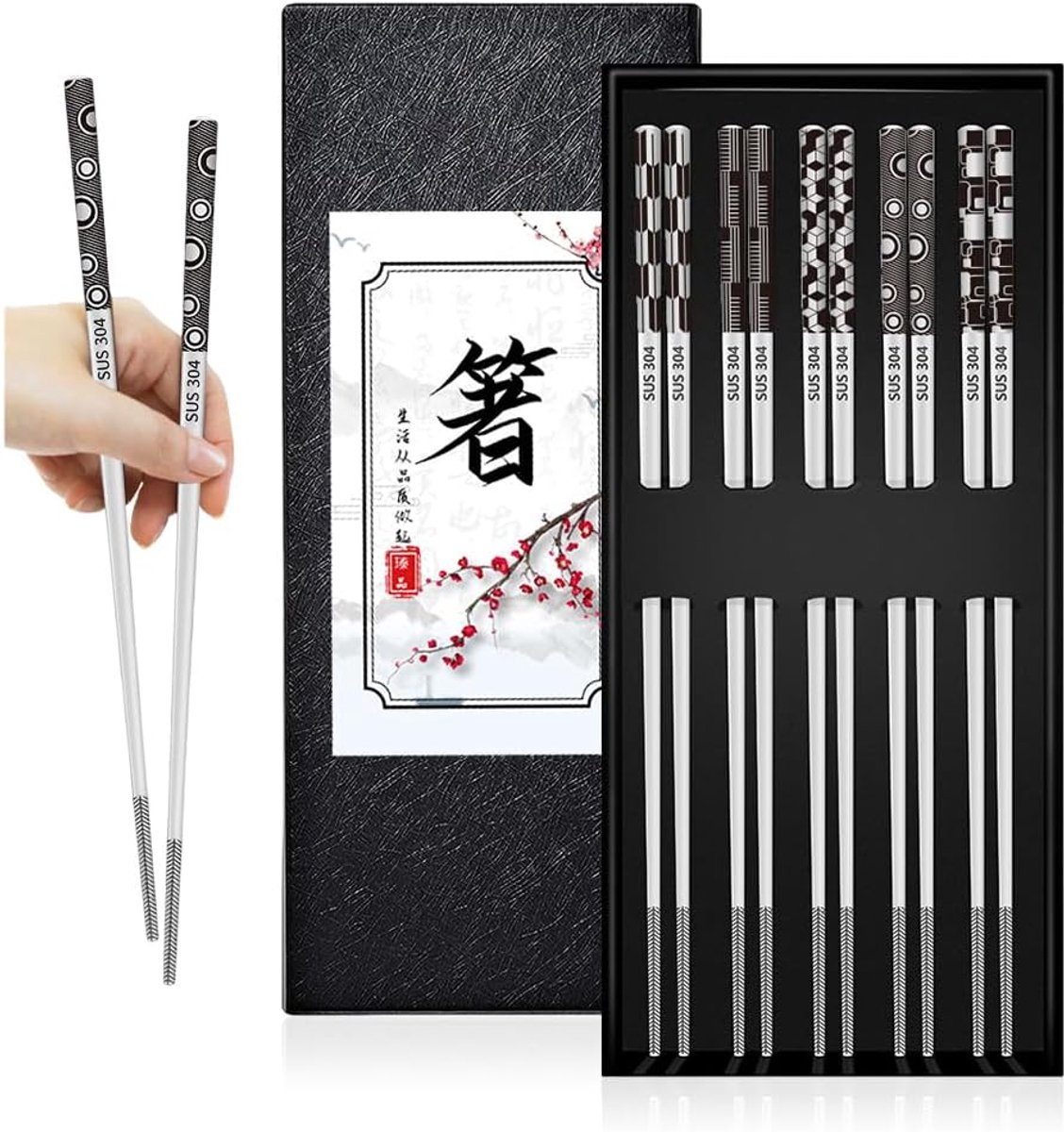 SnelShoppen - 5 Paar Roestvrijstalen Eetstokjes - Chinese Chopsticks - Metalen Kookstokjes - Vaatwasmachinebestendig - Elegant Patroon - Sushi-Stokjes