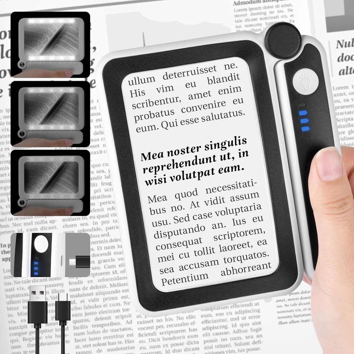 Thijox - Vergrootglas met Licht 4x - Handheld Opvouwbaar Vergrootglas met 10 LED's en 3 Dimmodes - Rechthoekige Lens voor Slechtzienden, Ouderen, Thui