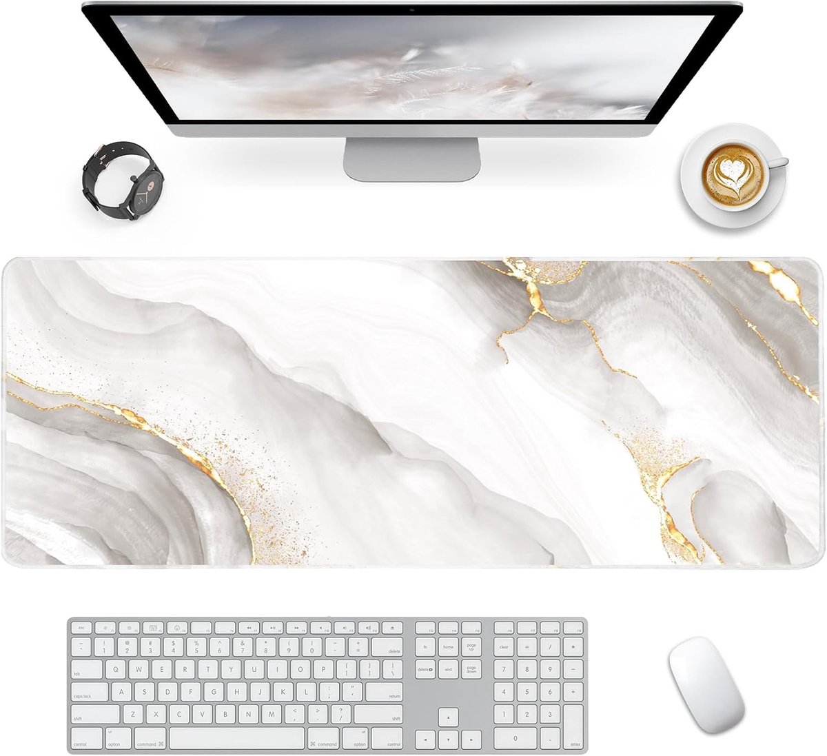 SnelShoppen - Gaming Muismat XXL 900x400mm - Groot Bureauonderlegger met Antislip Rubber, Wit Marmer - Ideaal voor Toetsenbord, PC, Laptop