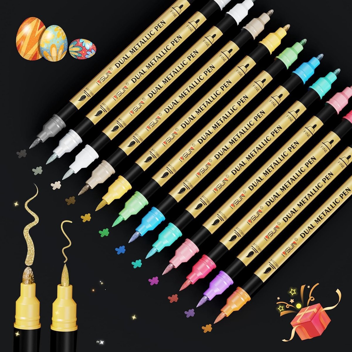SnelShoppen - Metallic Stiften Set 12 Kleuren - Dual Tip Markers met Penseelpunt en Medium Punt - Ideaal voor Scrapbooking, Gastenboeken, Keramiek en