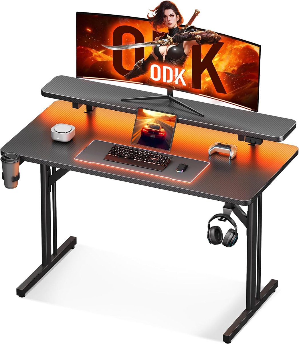 SnelShoppen - ODK Gaming Bureau 80 cm met LED-verlichting, Gamingtafel voor Monitor Standaard, Zwart Carbon Fiber Laptop Bureau voor Gamers