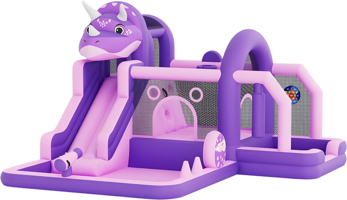 Opblaasbaar springkasteel - Bounce house met glijbaan, klimwand, obstakels, trampoline en ballenbad - Paars kleur, 400x400 cm