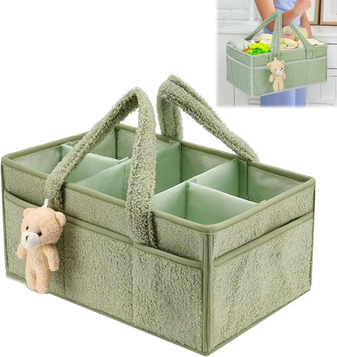 SnelShoppen - Baby Luier Caddy Organizer Draagbare Opbergmand met Verdelers, Opvouwbare Vilten Opbergtas in Lichtgroen, Perfect voor Luiers en Baby Es