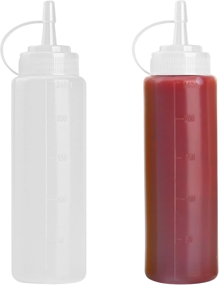 SnelShoppen - Squeeze Fles met Dispenser 250 ml - 2 Stuks - Kunststof Keukenfles voor Dressings, Sauzen, Ketchup, Mosterd en Kunstschilderen - BPA Vri