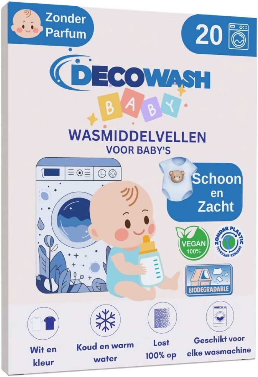 SnelShoppen - Detergent Sheets Baby - Hypoallergene Wasvellen voor Baby Kleding - Gevoelige Huid, Vegan, Biologisch Afbreekbaar, Geurloos, Plasticvrij