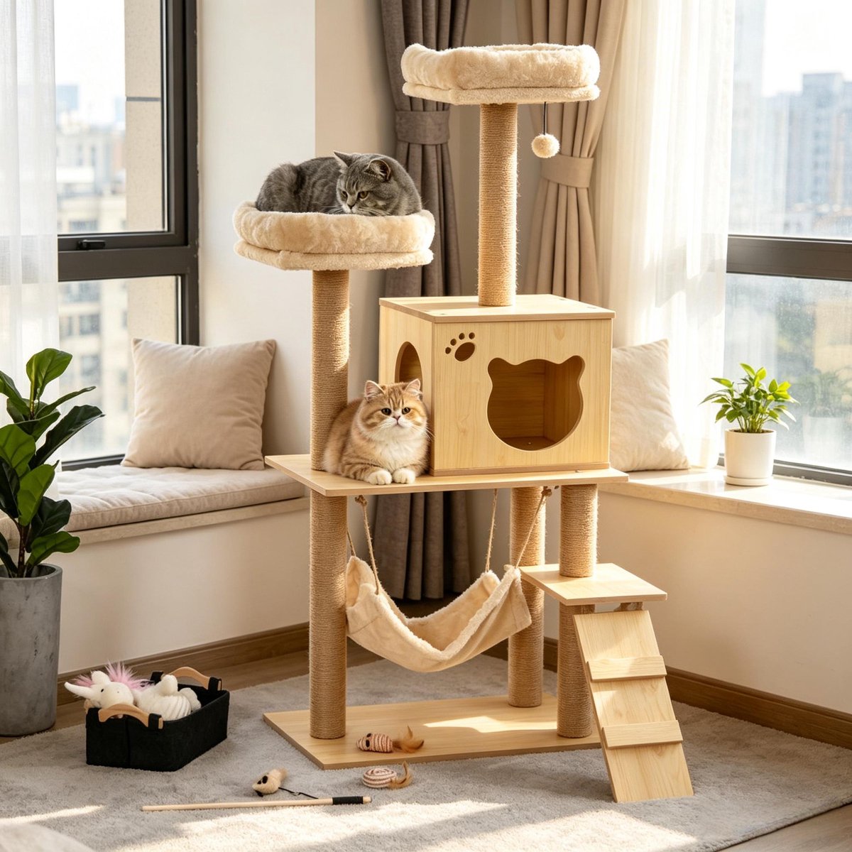 Krabmeubel Krabpaal – 60 x 40 x 130 cm – Met Huisje En Hangmat – Hout, Pluche En Sisal – Beige En Bruin – Voor Krabben En Rusten