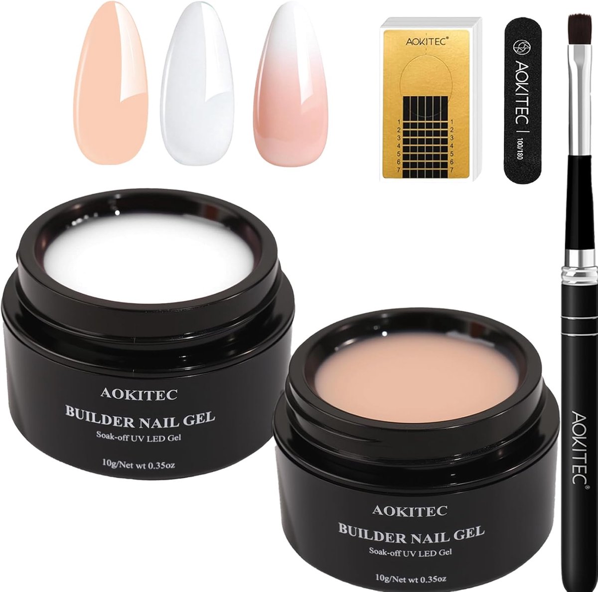 SnelShoppen - Gel Nagel Builder Gel Set - 4 Basis Kleuren - Transparant, Wit, Lichtroze & Nude Roze - 100 Nagelvormen, Nagelborstel & Vijl - Perfect v