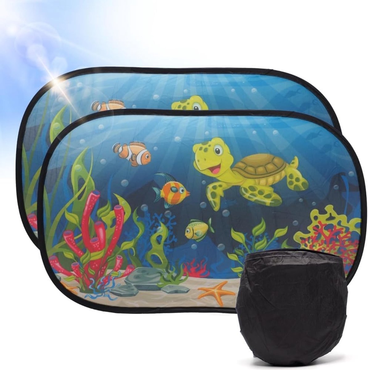 SnelShoppen - Pack van 2 Auto Zonneschermen voor Kinderen 51 x 31 cm met Gecertificeerde UV Bescherming, Turtle Design, Makkelijk te Installeren, Perf