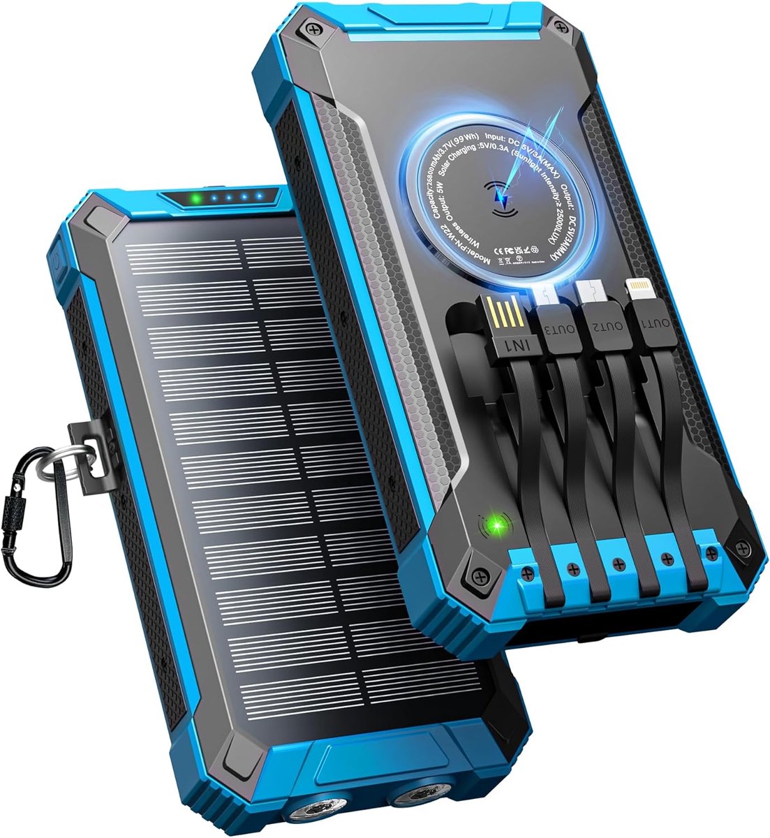 SnelShoppen - Solar Power Bank 26800mAh met 4 Ingebouwde Oplaadcables, Draadloze Power Bank met USB-C In/Uitgang en 15W Snellader voor Telefoons, Port