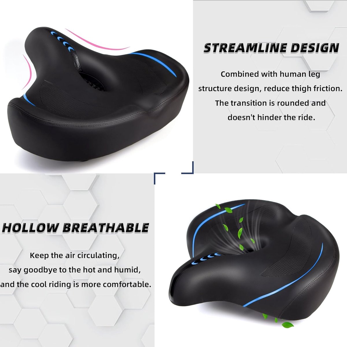 SnelShoppen - Extra Large Fiets Zadel voor Mannen en Vrouwen - Comfortabel Ergonomisch Zadel - Extra Brede Zacht Kussen - Ademend & Schokabsorberend -