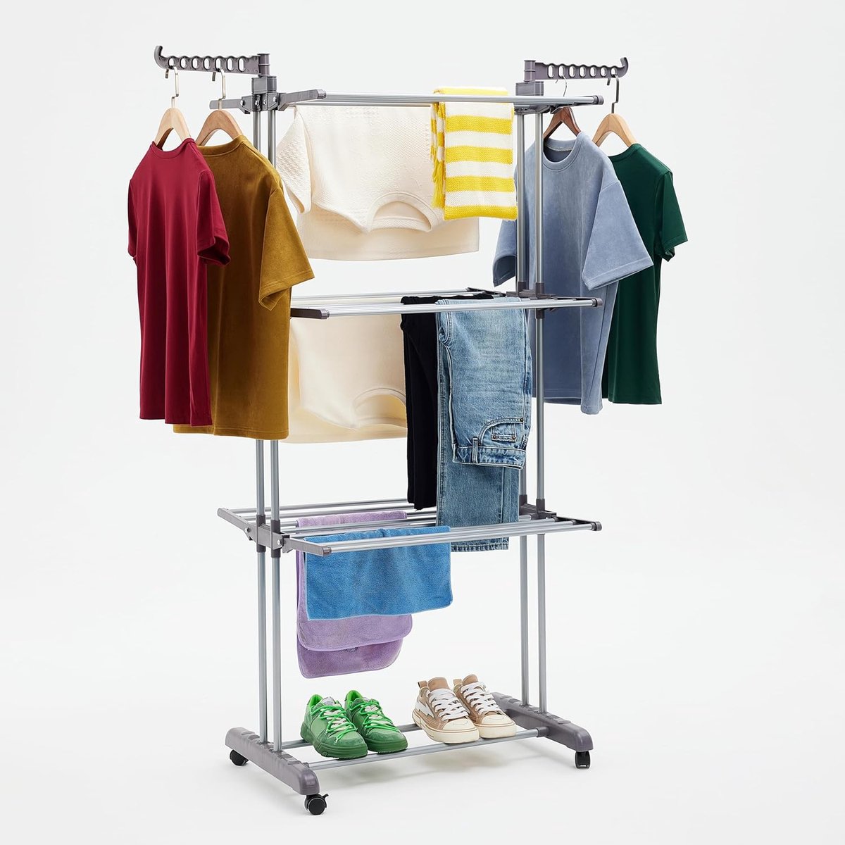 Thijox - Toren-droogrek voor binnen met opvouwbare vleugels, 4-laags, ruimtebesparend, grijs, ideaal voor kleding, handdoeken en beddengoed