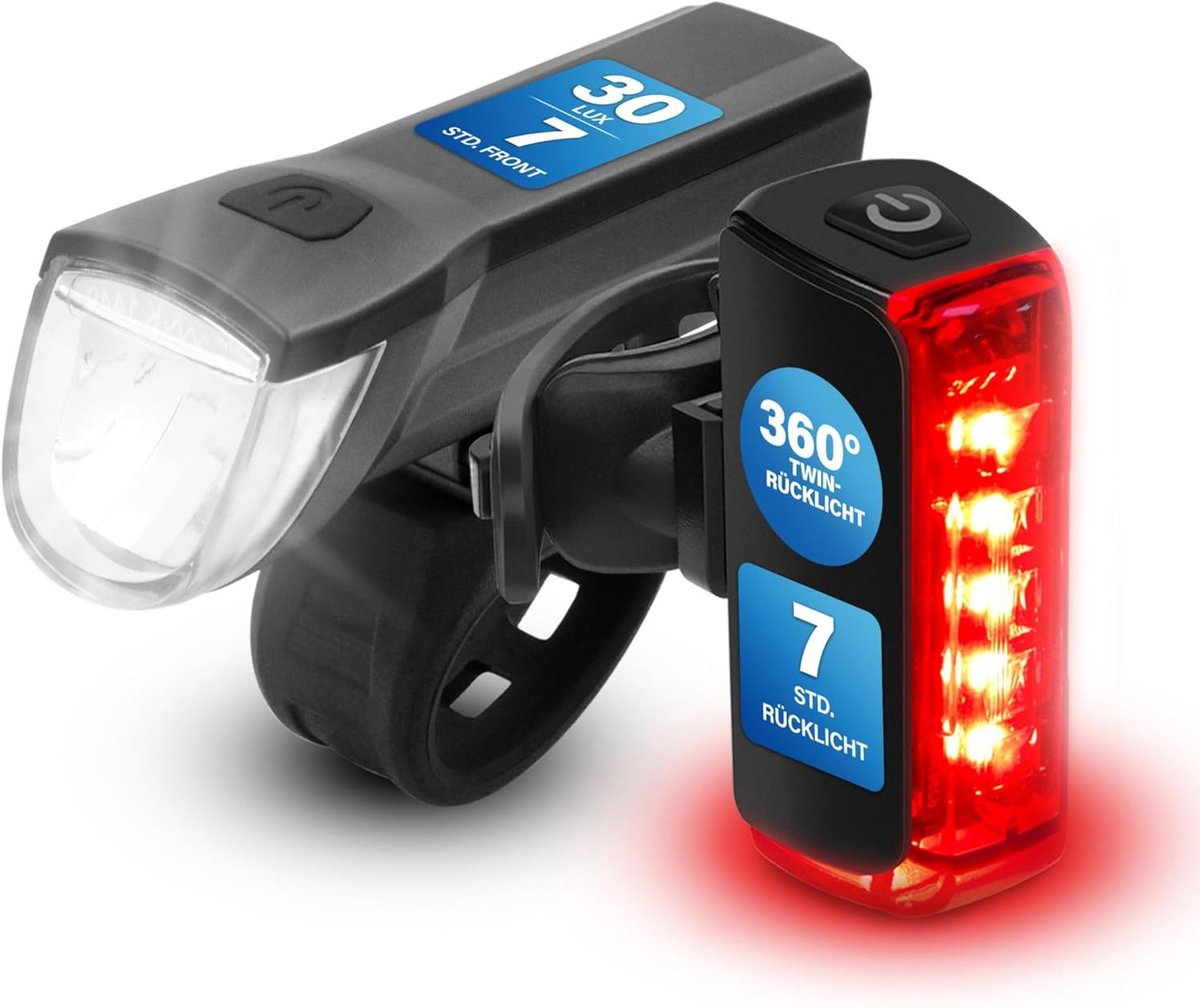 Thijox - Fischer Twin Fietslampenset 360° Vloerverlichting, Oplaadbare LED-Fietslamp 30 Lux, Voor- en Achterlamp, Gemakkelijk Monteerbaar zonder Geree