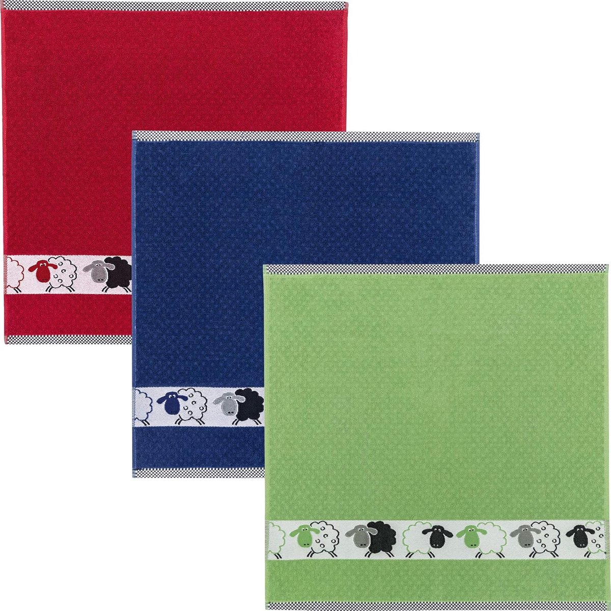 SnelShoppen - Kracht theedoeken set van 3 met schapenmotief, 50x50 cm, 100% katoen, terry, rood/blauw/groen, perfect voor keuken, feest, camping en da