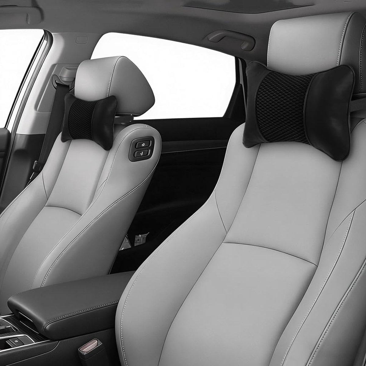 SnelShoppen - Car Seat Cushion met Neksteun - PU Leer - Comfortabele Hoofdkussen - Ademend en Verwijderbaar - 2 Stuks - Auto Accessoire