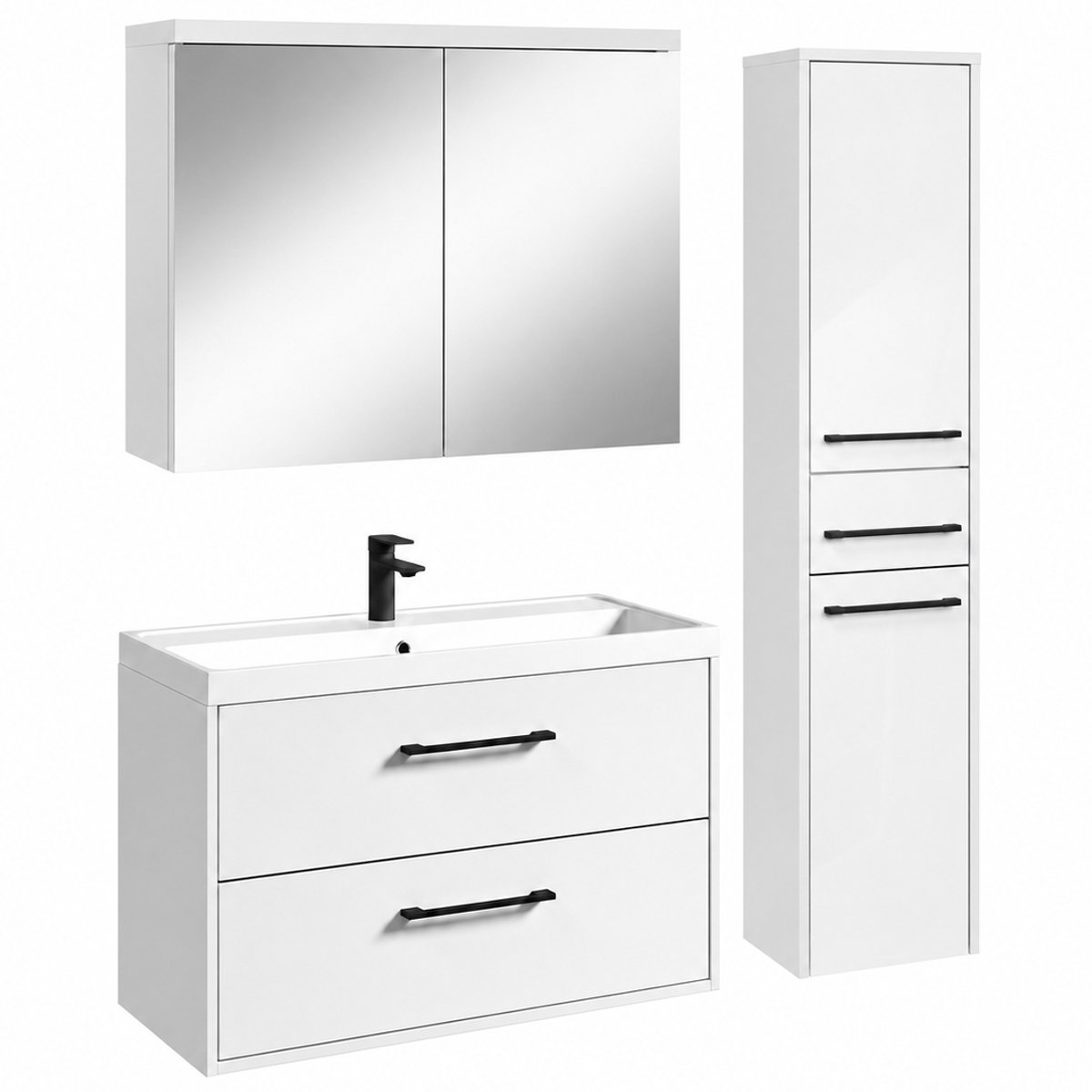 Badplaats Badkamermeubelset Florence 80 x 40 cm - Hoogglans Wit - Compleet met Wastafel, Spiegelkast en Kolomkast