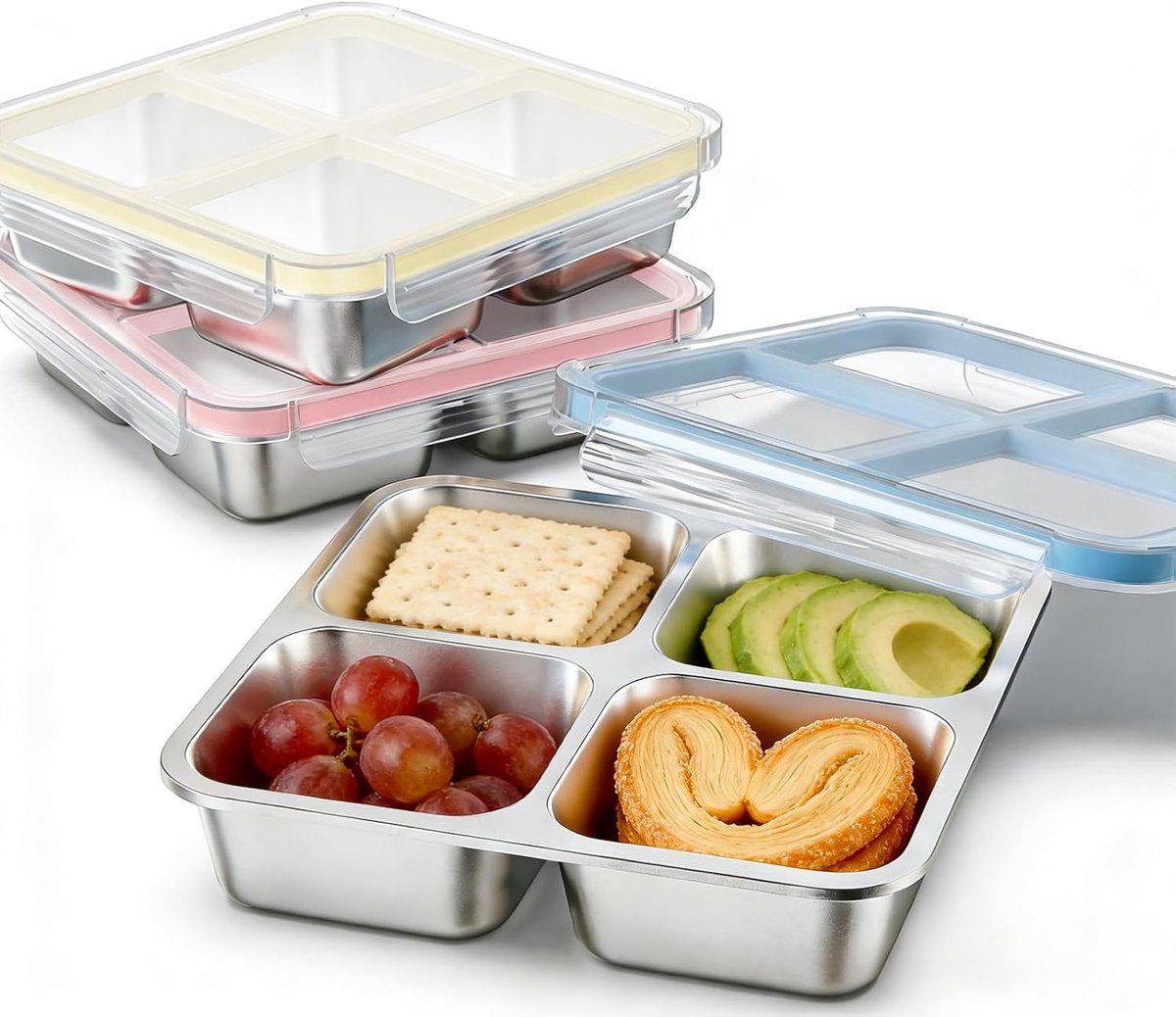 Lunchbox - Lunchbox kinderen - Lunchbox volwassenen - Lunchbox met vakjes -3 Stuks RVS Lunchbox –304 Roestvrij Staal - Transparant Deksel met Siliconen Afdichting - Lekvrije Snackbox voor Werk -School - Picknick en Meal Prep
