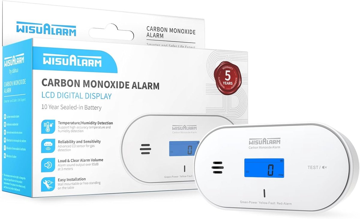 SnelShoppen - Carbon Monoxide Detector met 10 Jaar Sealed Battery, CO Alarm met Temperatuur en Vochtigheid Detectie, LCD Display, Veiligheid voor Thui