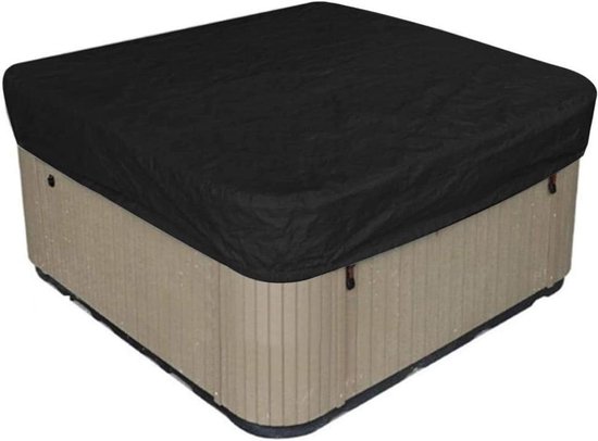 Zwarte, scheurvaste hot tub cover op een beige kuip.