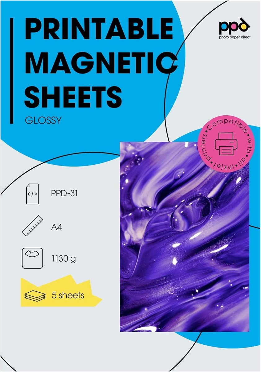 SnelShoppen - A4x5 Bladen PREMIUM Inkjet Magnetisch Fotopapier Wit Glanzend, Individueel Afdrukbaar en Snijdbaar voor Koelkastmagneten, Handwerken, Cr