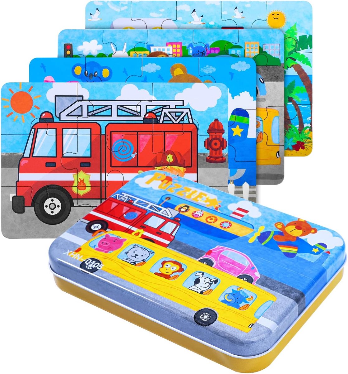 SnelShoppen - Box van 4 Houten Puzzels voor Kinderen, Educatieve Speelgoed met Verschillende Moeilijkheidsniveaus, Veilig en Duurzaam, Perfect Cadeau