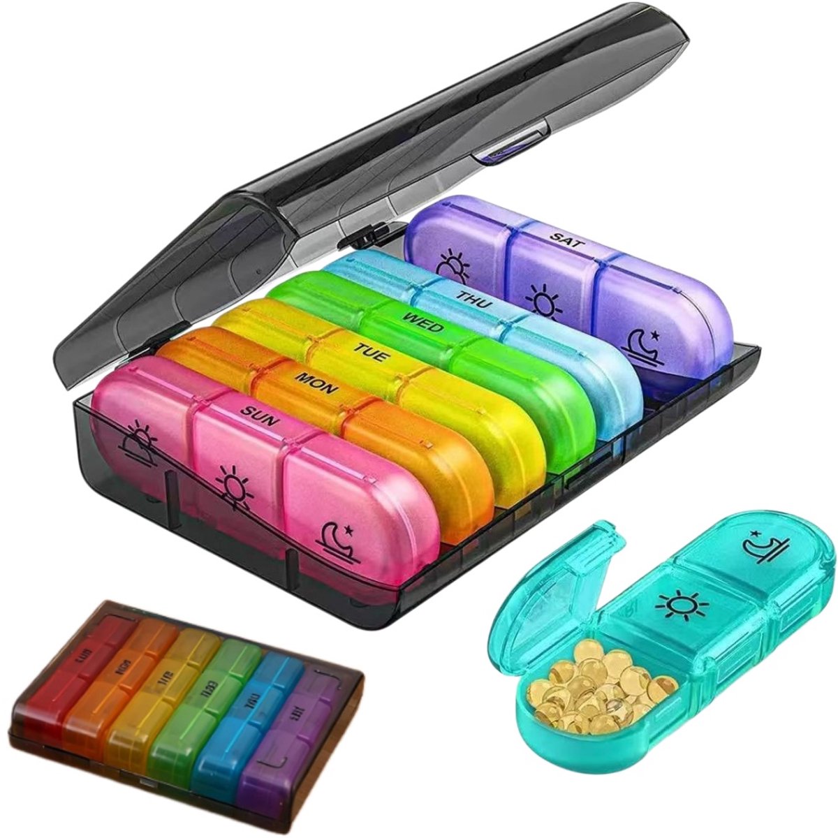 1 stuk - Weekpillenorganizer - Reispillendoos - Pillendoos met vakjes - Afneembare dagelijkse pillendoos - Kleurgecodeerd - Driemaal daags - 21 vakjes - 12 x 15,5 x 4 cm - Voor het bewaren van medicijnen, vitaminen en supplementen