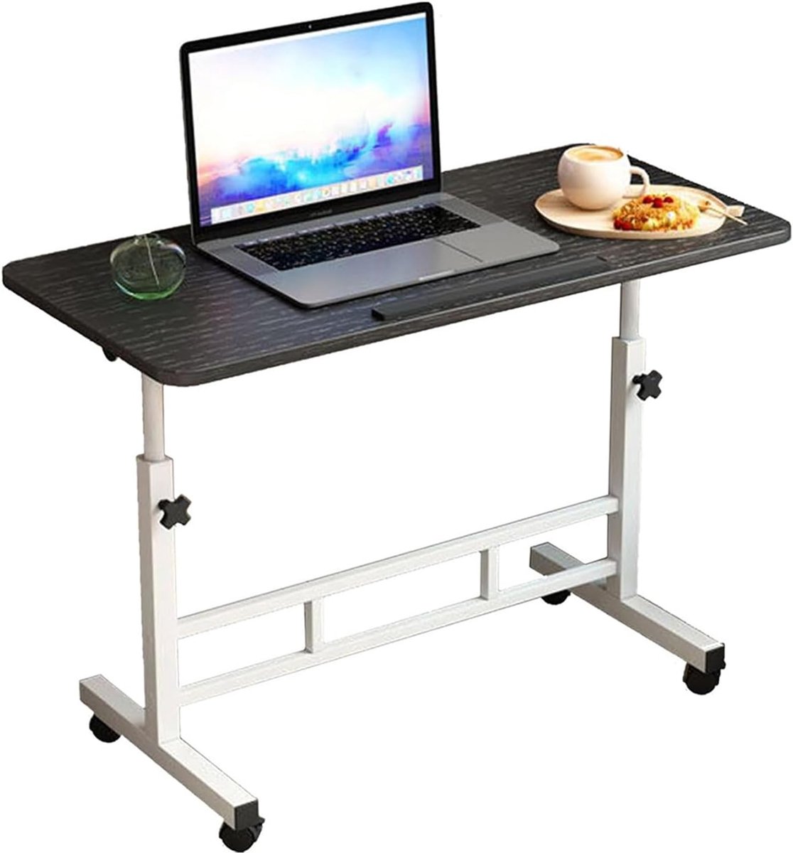 Mobiele Laptoptafel op Wielen - In Hoogte Verstelbaar (65-87 cm) - Verrijdbaar Sta-bureau & Bijzettafel voor Bank en Bed - Wit - 40 x 80 cm