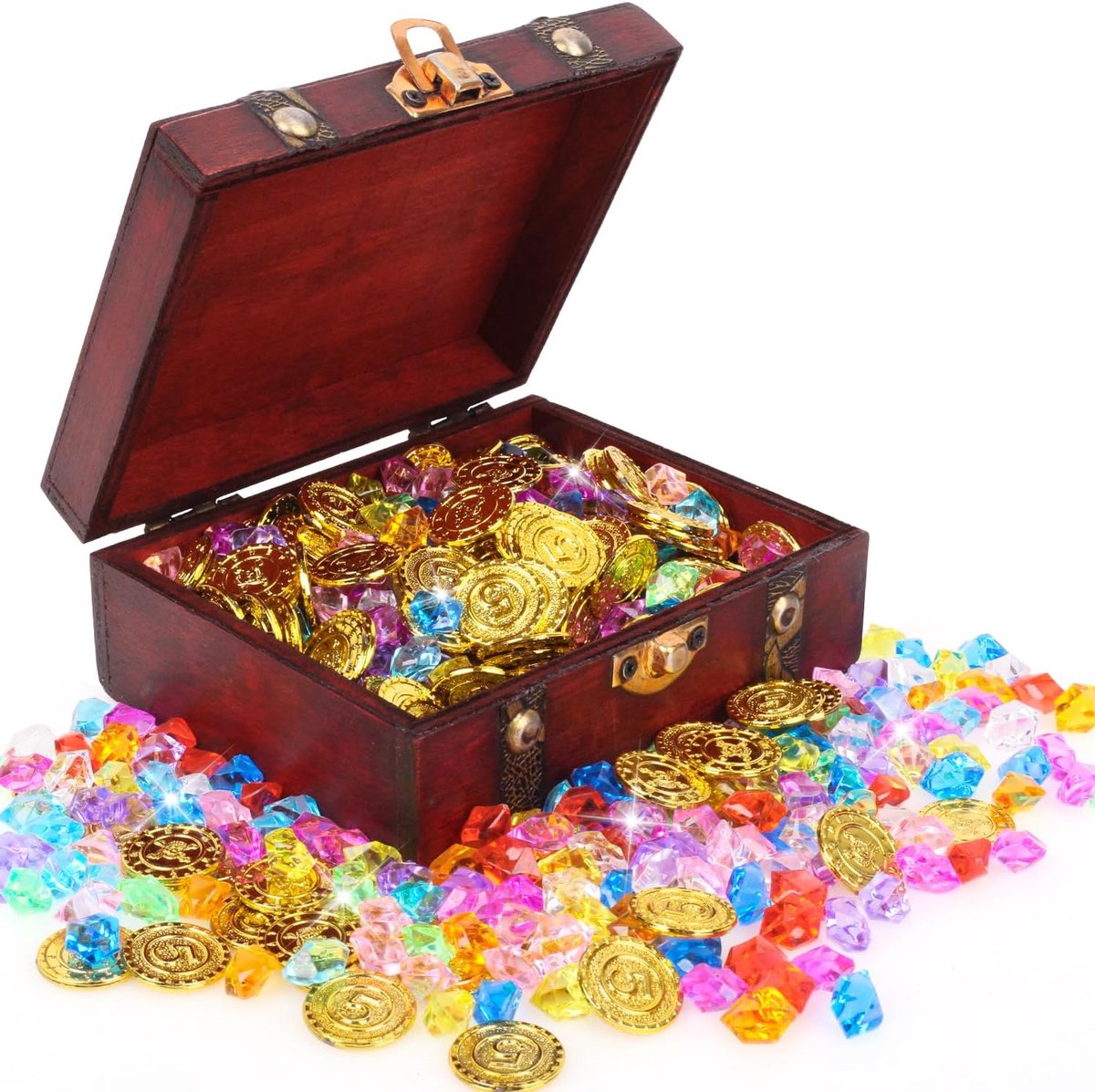 SnelShoppen - Piratenschat Kist voor Kinderen, 201-delige Schatset met 100 Gouden Munten, 100 Nepgemstones en Retro Schatkist voor Piratenfeest en Spe