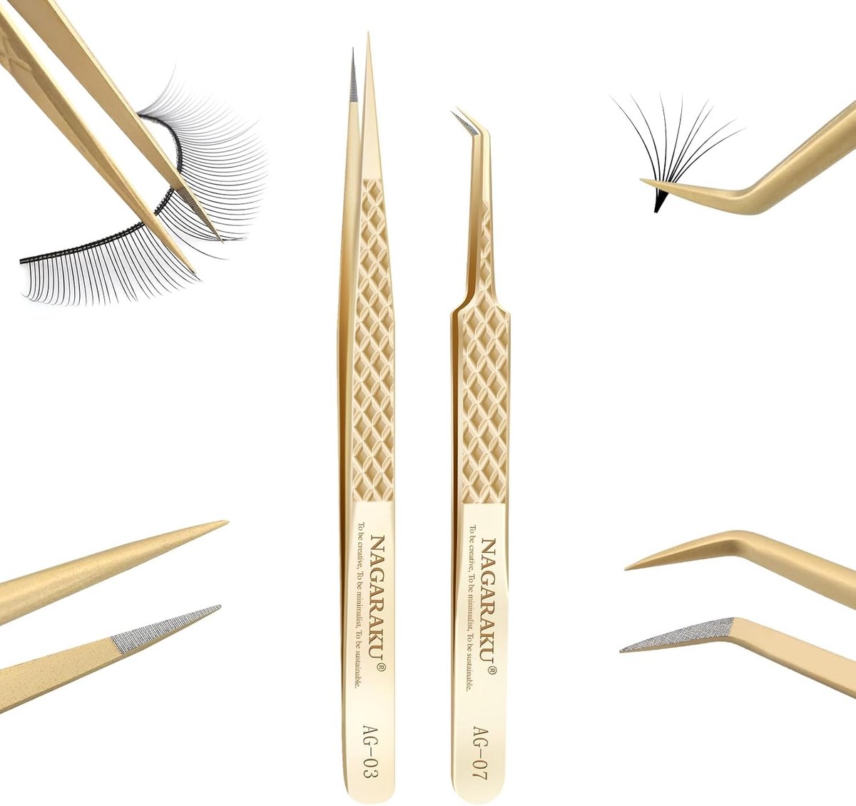 SnelShoppen - Eyelash Tweezers Set RVS - 1 Paar Precisie Pincet - Recht & Gebogen - Voor Individuele & Fan-vormen Wimpers - Roestvrijstaal met Gouden