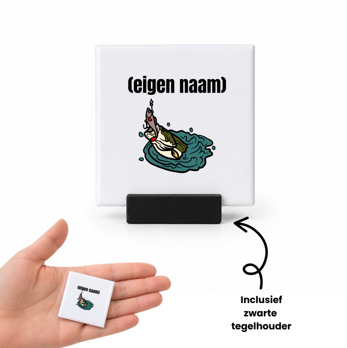 Hacebo vis met eigen naam tegeltje met tegelhouder - Vis - vissen liefhebbers - tegeltjes met tekst - iemand die houdt van vissen - verjaardag - cadeau - kado - geschenk - spreuktegels - 4.8x4.8 CM Wit