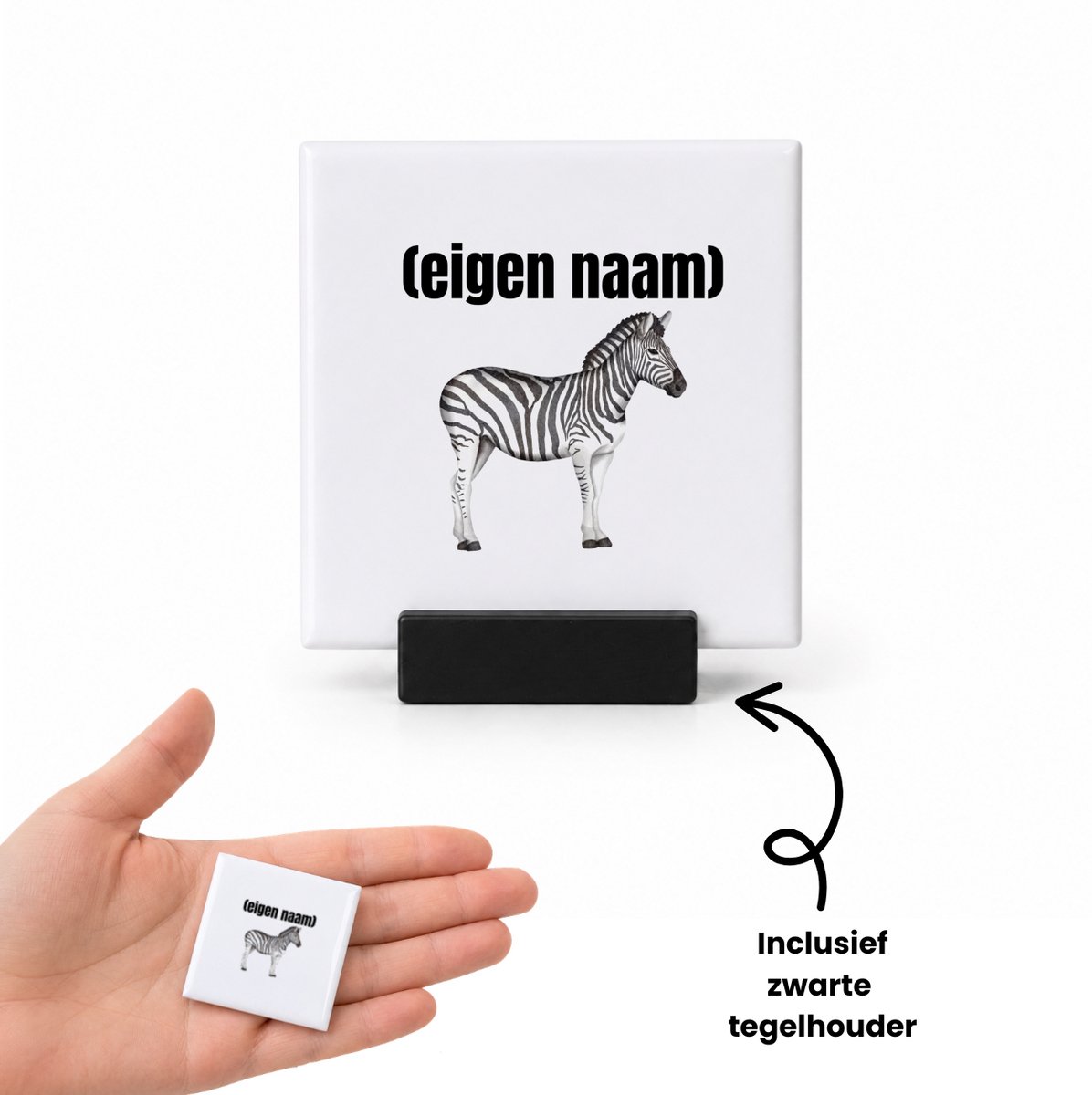 Hacebo zebra met eigen naam tegeltje met tegelhouder - Zebra - dieren liefhebber - tegeltjes met tekst - iemand die houdt van zebra's - verjaardag - cadeau - kado - geschenk - spreuktegels - 4.8x4.8 CM Wit