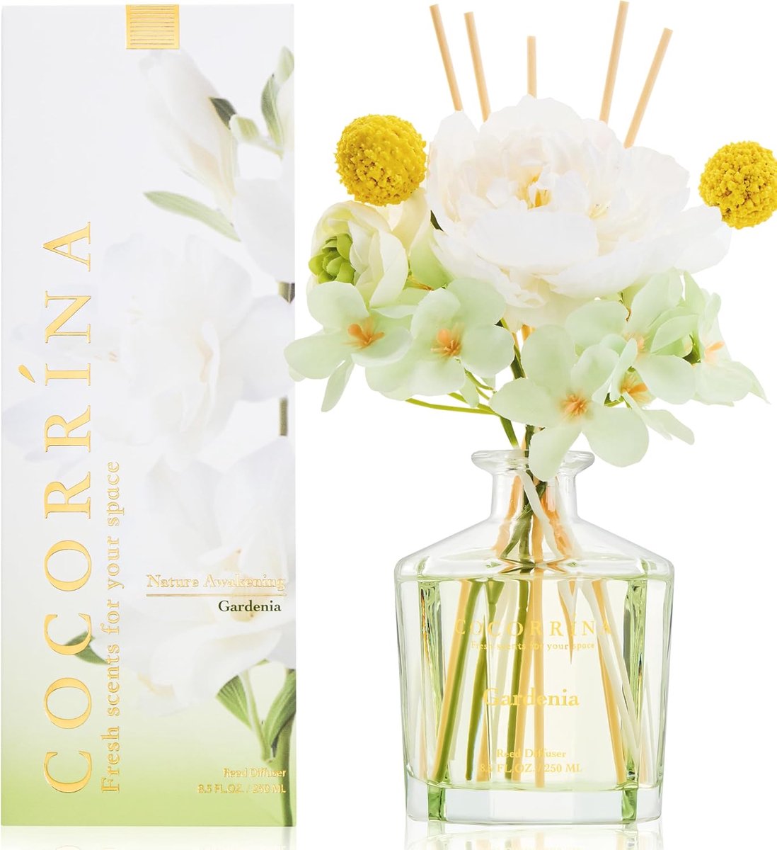 SnelShoppen - Geur diffuser met 8 geurstokjes 250 ml - Gardenia geur - Langdurige geur voor slaapkamer, kantoor, badkamer - Natuurlijke decoratieve bl