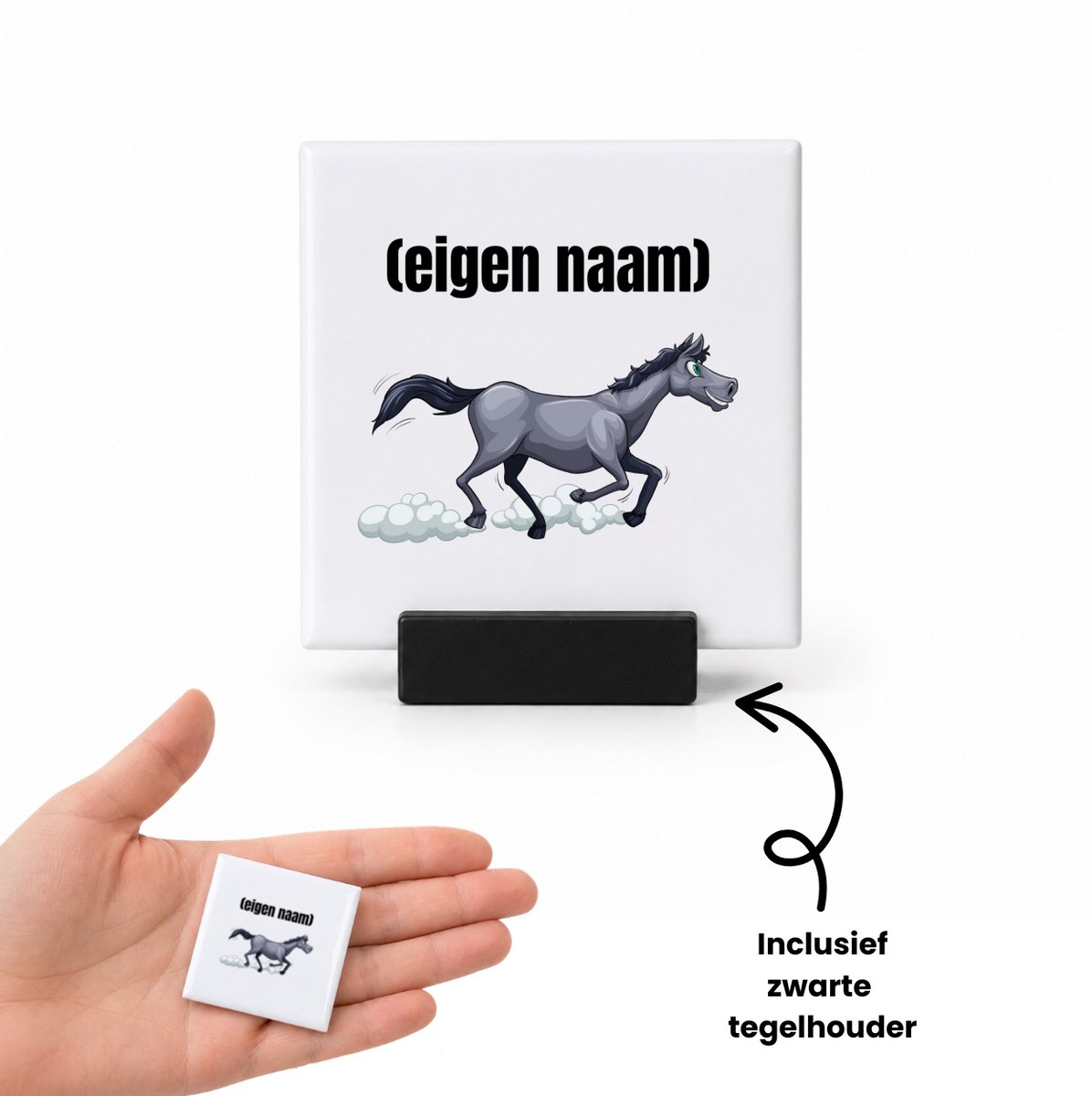 Hacebo rennend paard met eigen naam tegeltje met tegelhouder - Paarden - dieren liefhebber - tegeltjes met tekst - iemand die houdt van paarden - verjaardag - cadeau - kado - geschenk - spreuktegels - 4.8x4.8 CM Wit