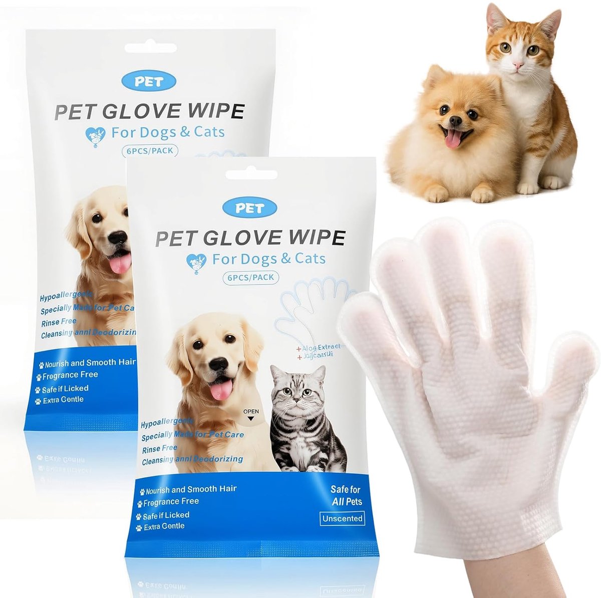 SnelShoppen - Fur Care Wipes voor Honden en Katten, Glove Towels, Odour-free, 2 Stuks, Dierenverzorging, Schoonmaakdoekjes, Natuurlijk en Veilig